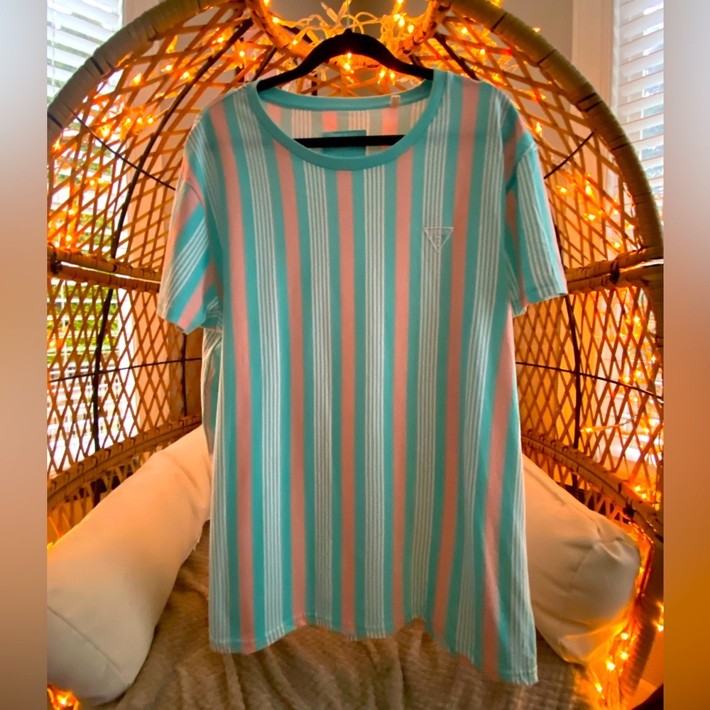 Guess, short sleeve shirt, turquoise, pink and white